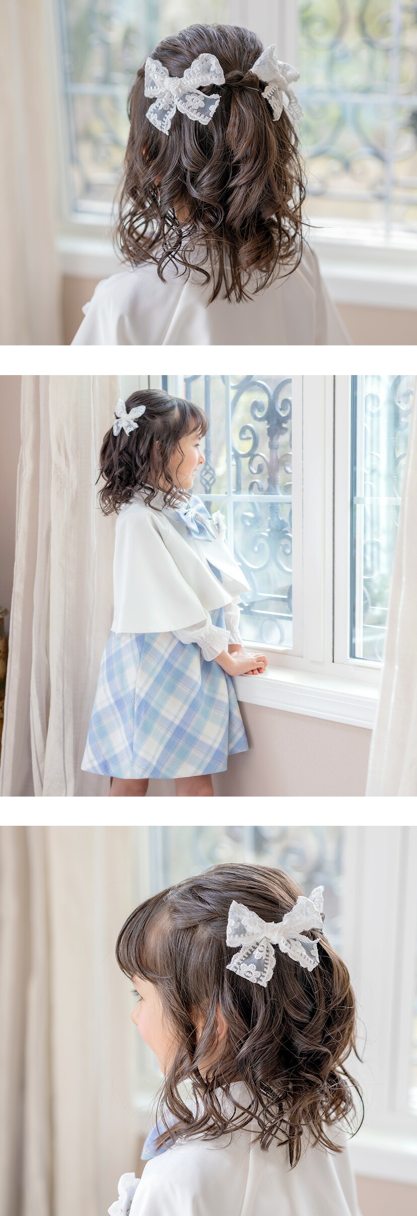 レースリボンヘアクリップ2個セットアクセサリーヘアアクセサリーキッズ モデル画像1