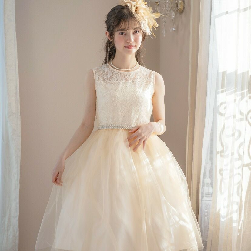 発表会ドレスキッズ結婚式ウエストビジューのデコルテ透かしレースドレス[110120130140150160cmネイビー紺レッド赤ベージュ]子供ドレスパールフラワーガールプリンセスパーティーガールズ女の子