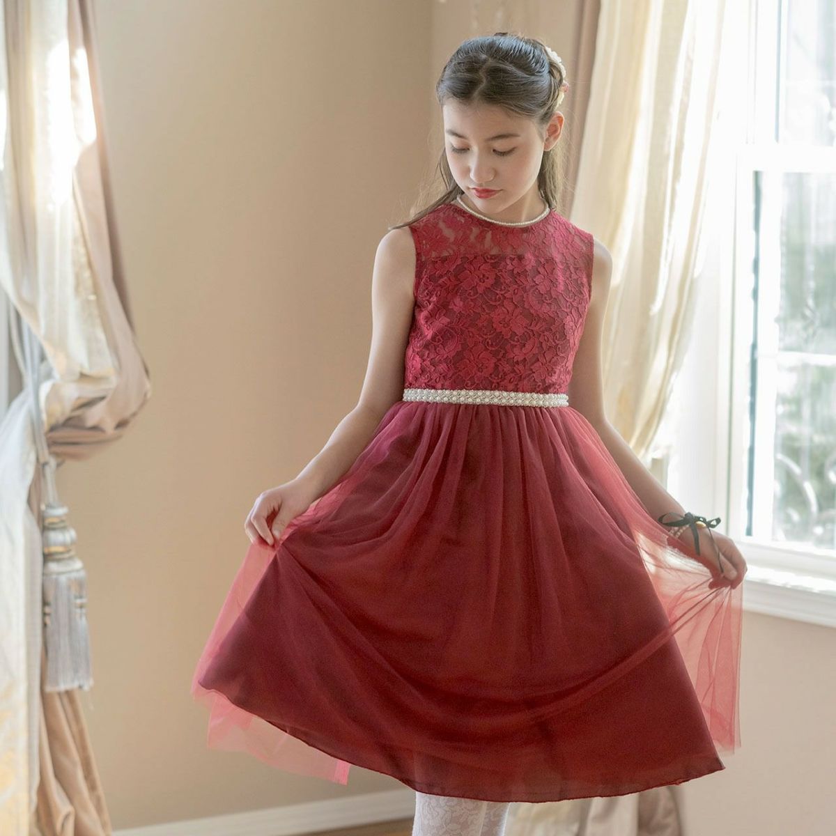 発表会ドレスキッズ結婚式ウエストビジューのデコルテ透かしレースドレス[110120130140150160cmネイビー紺レッド赤ベージュ]子供ドレスパールフラワーガールプリンセスパーティーガールズ女の子