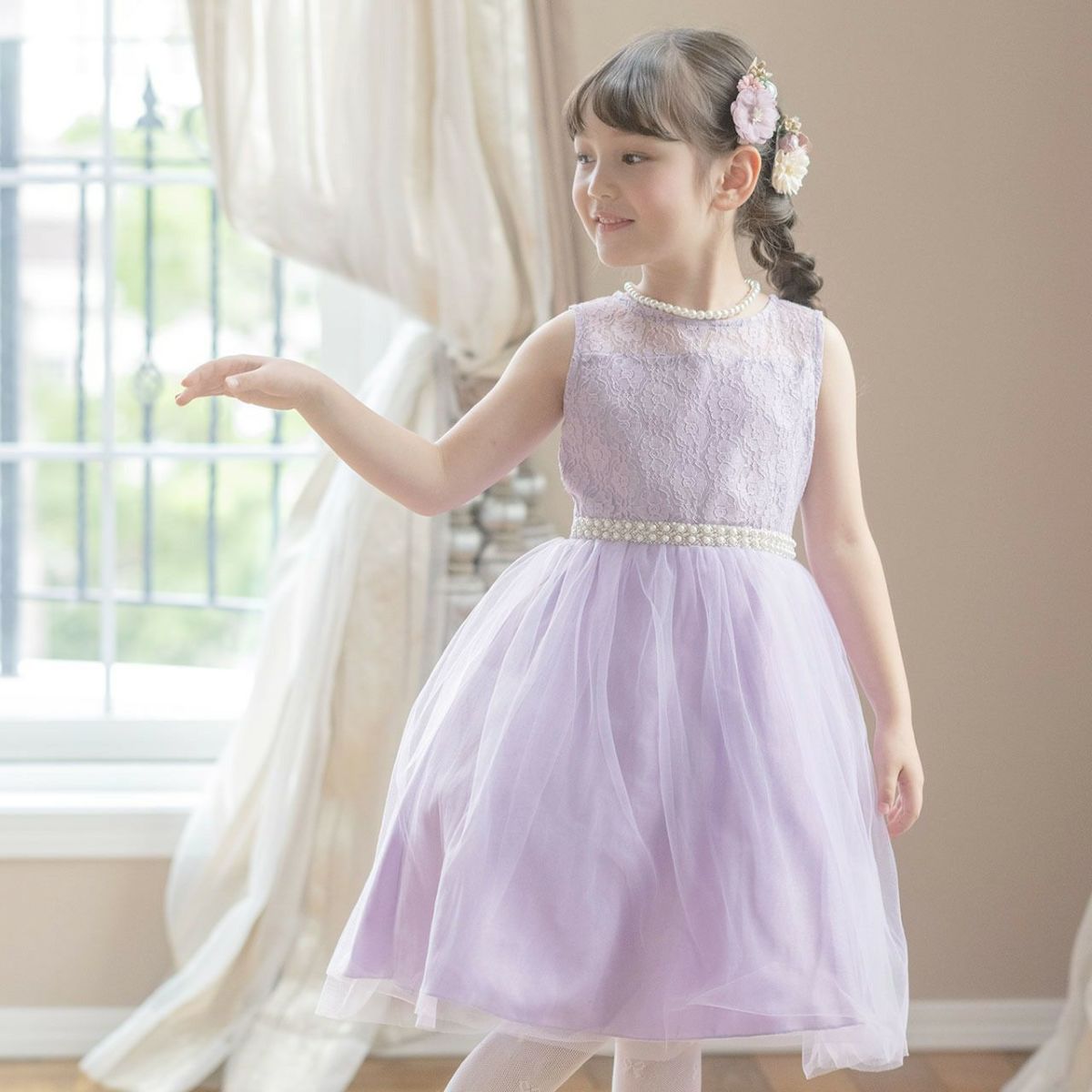 発表会ドレスキッズ結婚式ウエストビジューのデコルテ透かしレースドレス[110120130140150160cmネイビー紺レッド赤ベージュ]子供ドレスパールフラワーガールプリンセスパーティーガールズ女の子