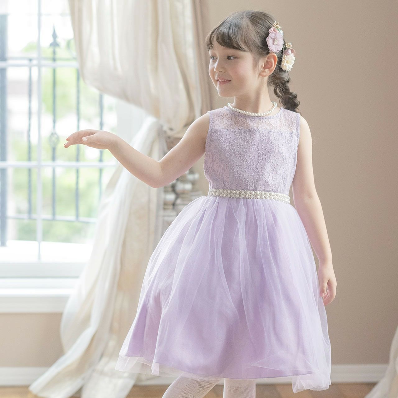 発表会ドレスキッズ結婚式ウエストビジューのデコルテ透かしレースドレス[110120130140150160cmネイビー紺レッド赤ベージュ]子供ドレスパールフラワーガールプリンセスパーティーガールズ女の子