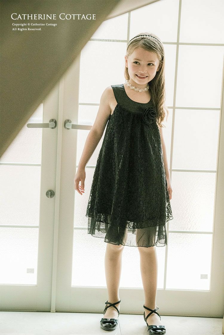 子供ドレス総レースAラインドレス[フォーマルドレスレース女の子キッズフォーマルワンピース110120130140150cm白黒青ブルー紺色発表会結婚式コサージュ付き通販楽天]子供服[処分価格返品不可]