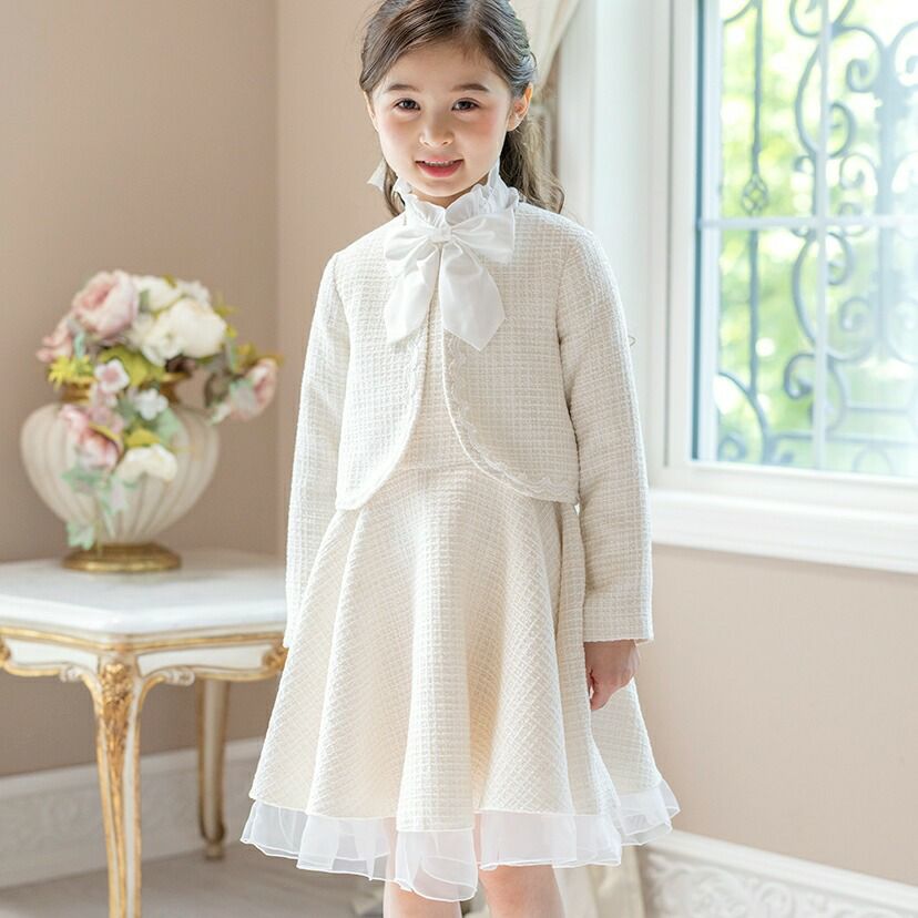 入学式女の子フォーマルスーツファンシーツイードブリリアントアンサンブル【ワンピース・ジャケット2点セット】[子供服入学式結婚式フォーマル七五三発表会スーツセット110120130cm白ブルー青水色グレーツイード]期間限定:MR