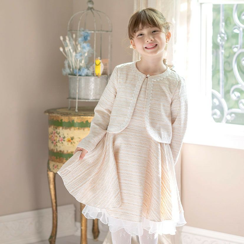 入学式女の子フォーマルスーツファンシーツイードブリリアントアンサンブル【ワンピース・ジャケット2点セット】[子供服入学式結婚式フォーマル七五三発表会スーツセット110120130cm白ブルー青水色グレーツイード]期間限定:MR