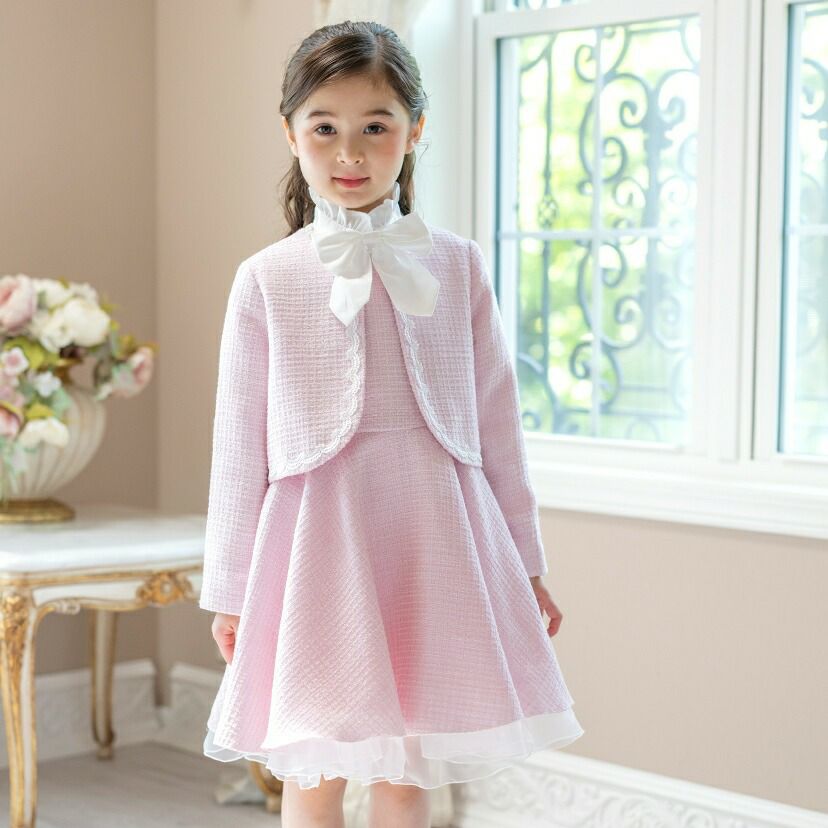 入学式女の子フォーマルスーツファンシーツイードブリリアントアンサンブル【ワンピース・ジャケット2点セット】[子供服入学式結婚式フォーマル七五三発表会スーツセット110120130cm白ブルー青水色グレーツイード]期間限定:MR