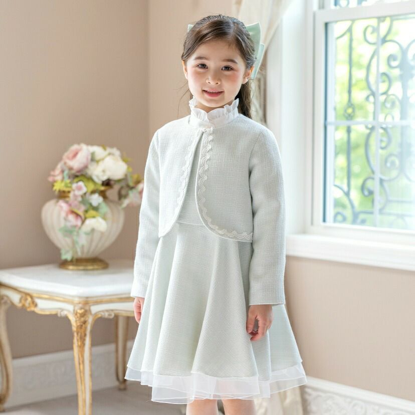 入学式女の子フォーマルスーツファンシーツイードブリリアントアンサンブル【ワンピース・ジャケット2点セット】[子供服入学式結婚式フォーマル七五三発表会スーツセット110120130cm白ブルー青水色グレーツイード]期間限定:MR