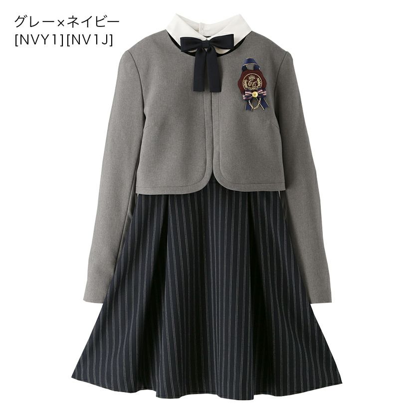 卒業式スーツ女の子卒服上品白襟ワンピース＆ノーカラーボレロ[140150160165cmグレーネイビー紺ストライプ]おしゃれ発表会結婚式大きいサイズ小学生女子ジュニアフォーマル