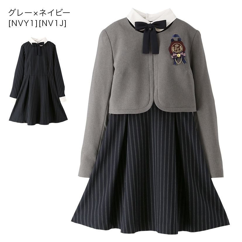 卒業式スーツ女の子卒服上品白襟ワンピース＆ノーカラーボレロ[140150160165cmグレーネイビー紺ストライプ]おしゃれ発表会結婚式大きいサイズ小学生女子ジュニアフォーマル