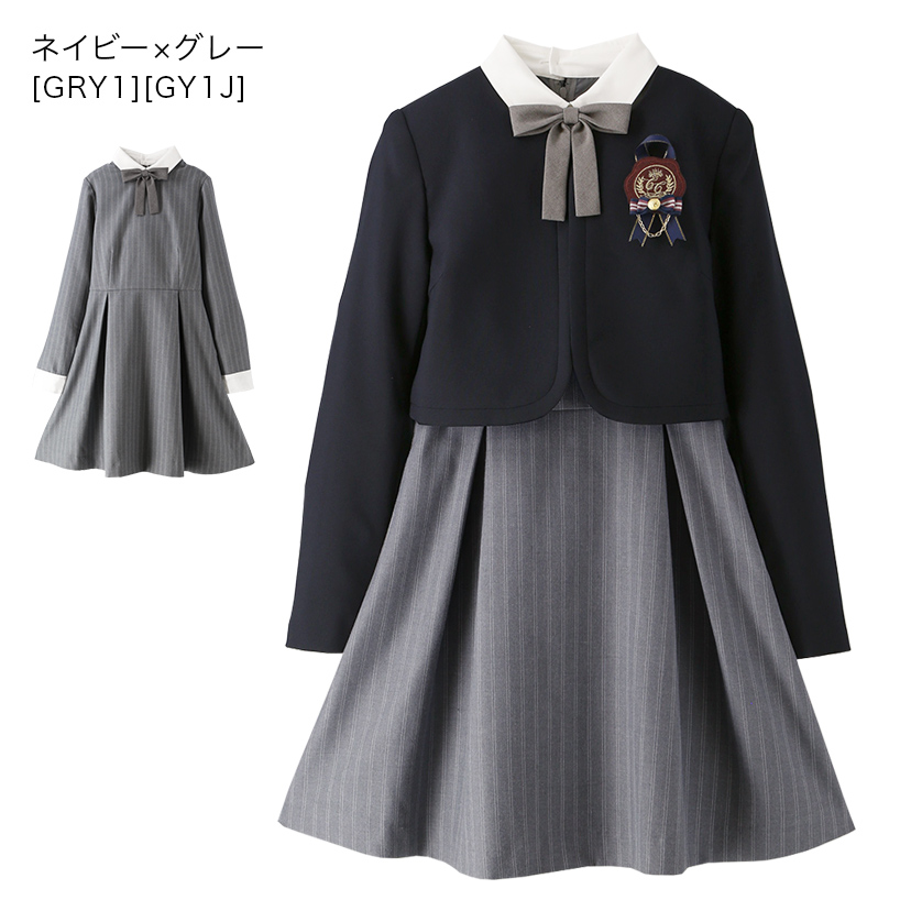 卒業式スーツ女の子卒服上品白襟ワンピース＆ノーカラーボレロ[140150160165cmグレーネイビー紺ストライプ]おしゃれ発表会結婚式大きいサイズ小学生女子ジュニアフォーマル