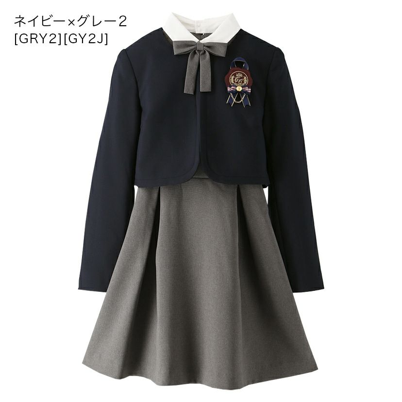 卒業式スーツ女の子卒服上品白襟ワンピース＆ノーカラーボレロ[140150160165cmグレーネイビー紺ストライプ]おしゃれ発表会結婚式大きいサイズ小学生女子ジュニアフォーマル