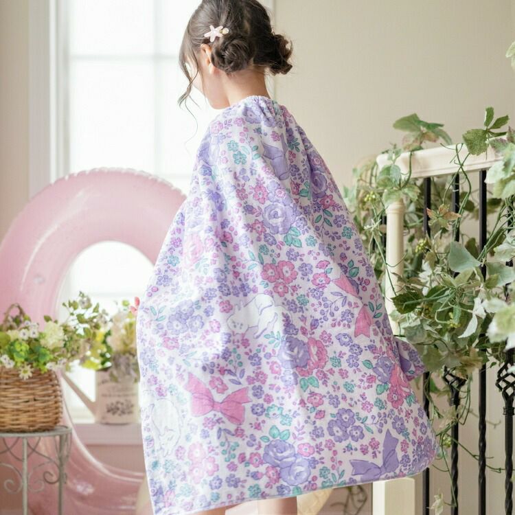 女の子ラップタオルロマンティック柄プールタオル[子供用大人用着替えタオルポンチョ子供用ピンク80cm×120cm綿100%水着用水泳ビーチタオルキッズジュニアレディースロングサイズ大判タオル巻きタオルお着替え]キャサリンコテージ
