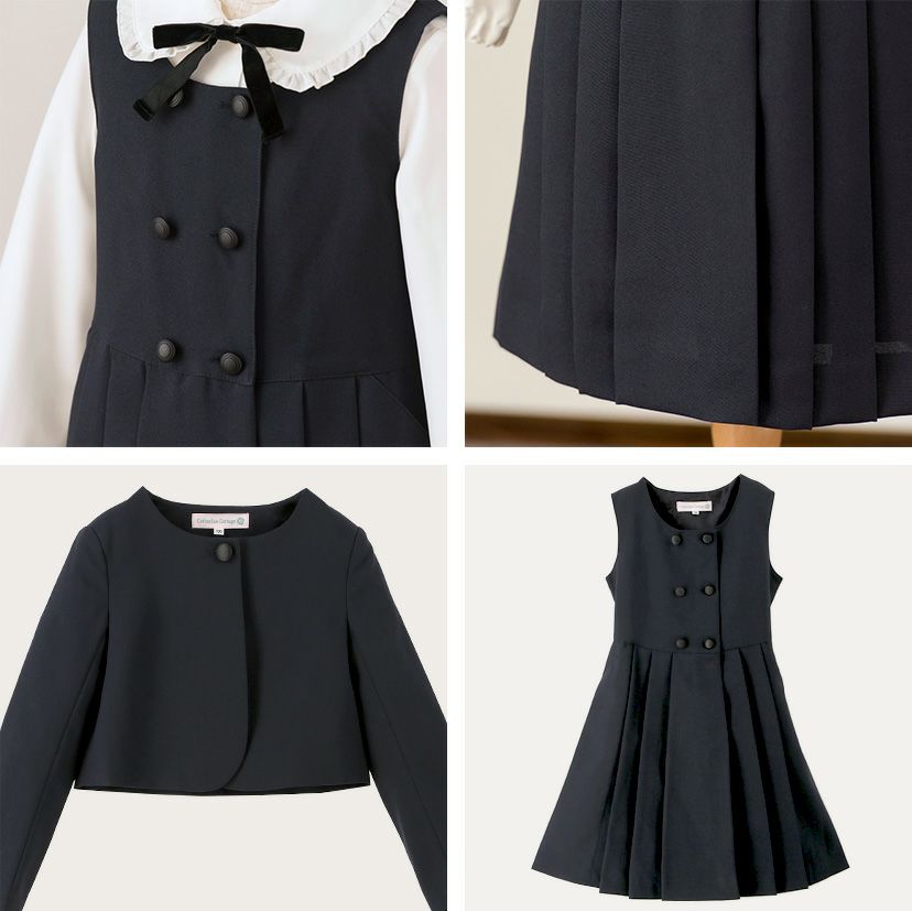 スーツ女の子入学式子供服制服長袖ブラウス付濃紺アンサンブル受験面接キッズフォーマルフォーマルスーツ4点セット[ジャンパースカート/ボレロ/ブラウス/リボン][110120130140150紺黒B体ゆったりサイズSSTS10[返品不可]