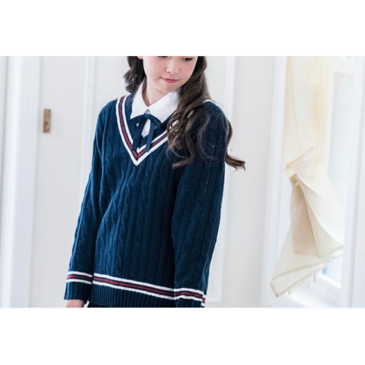 子供服ニット男女兼用ライン入りスクールセーター[男の子女の子Vネックセーター長袖120130140150160170cmネイビー紺フォーマルカジュアル]【キャサリンコテージ】