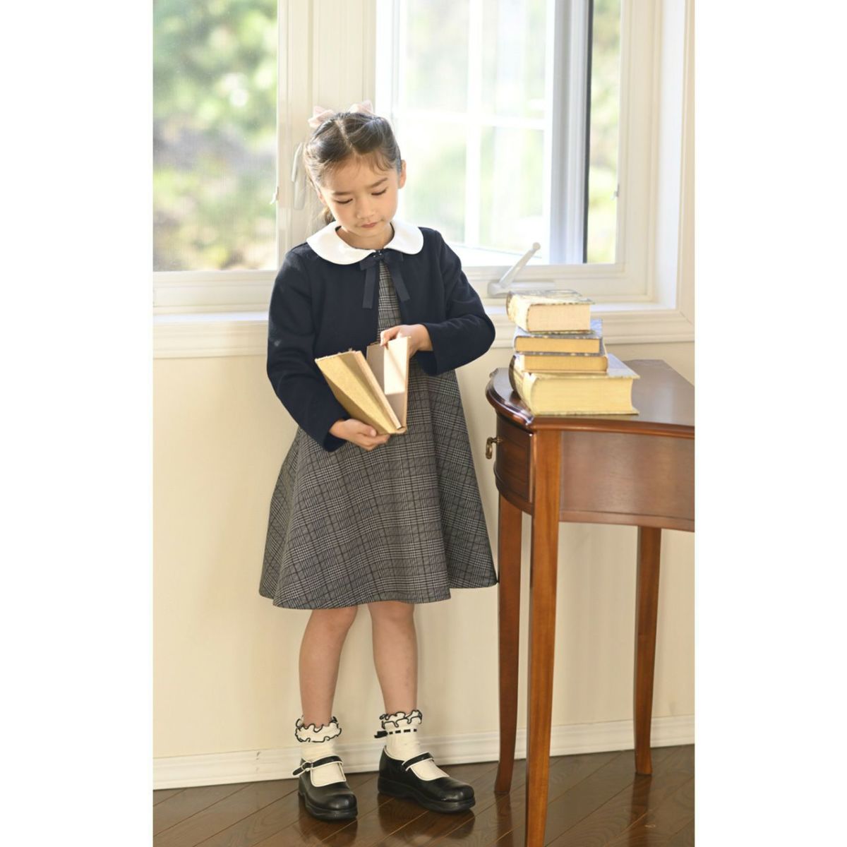 卒園式・入学式女の子スーツポンチチェックワンピース＆白襟ボレロセット[110120130cmブラック黒グレー]子供服フォーマルキッズスーツセット