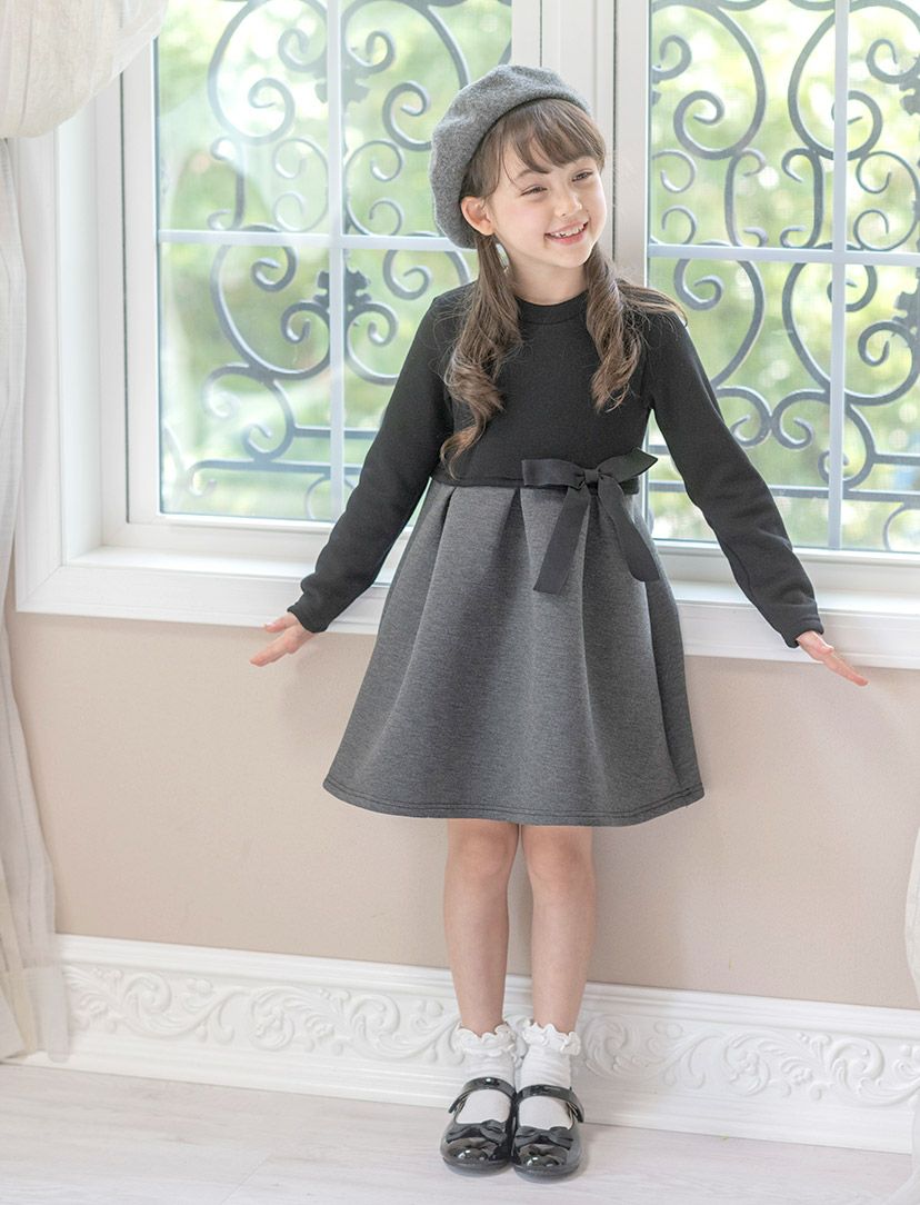 女の子ワンピースシルエット自慢のお嬢様ワンピース長袖裏起毛[110120130140150cm黒ブラックグレー]秋冬子供服キッズジュニア冠婚葬祭発表会七五三フォーマルカジュアルTAK