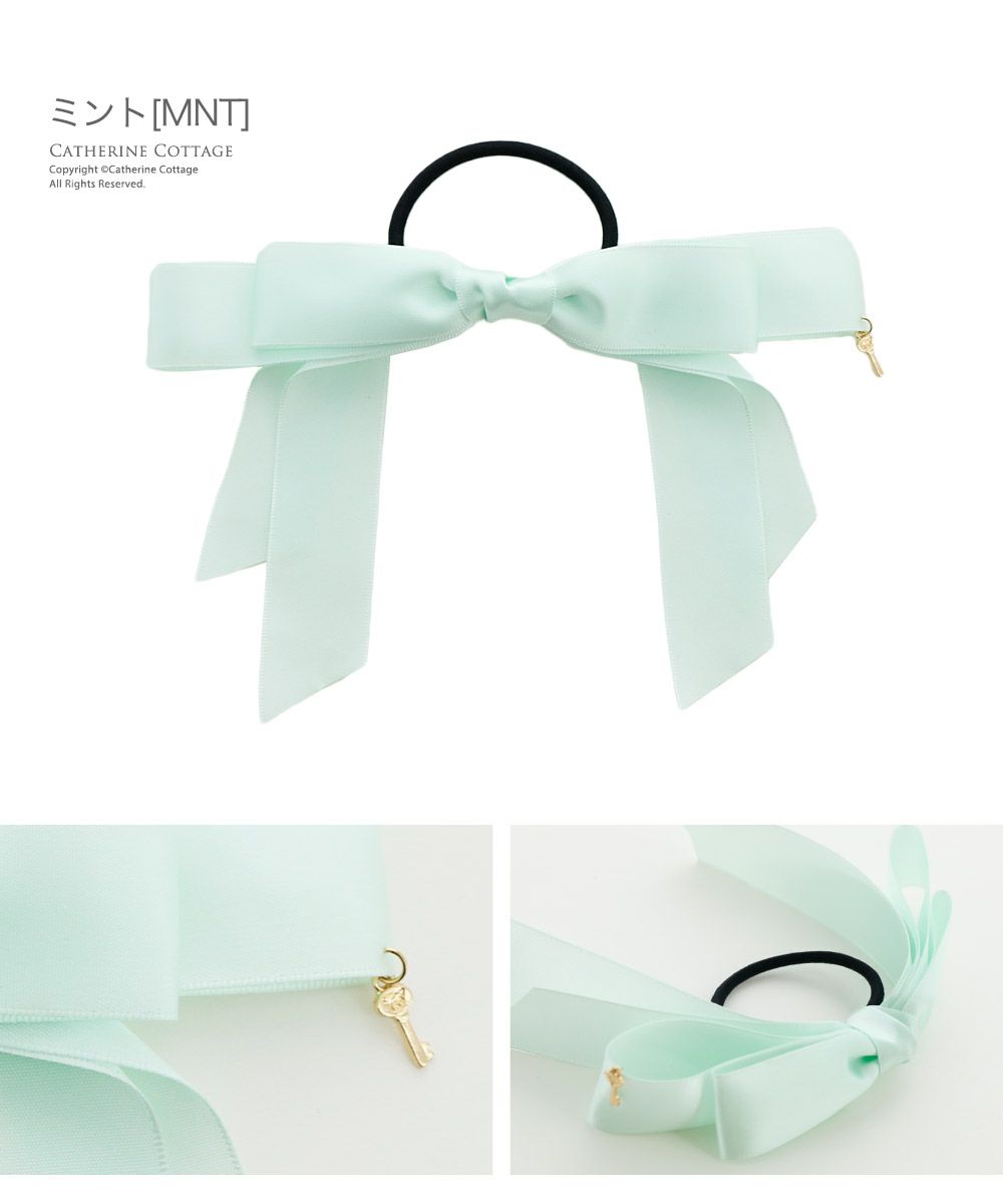 秘密の鍵チャーム付きサテンリボンヘアゴムヘアポニー[ピンクレッド赤黒ブラックネイビー紺]入学式卒業式発表会結婚式パーティーヘアアレンジヘアアクセサリーデイリーカジュアルキッズレディースオフィス