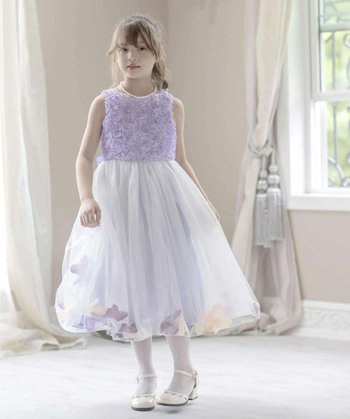 キッズドレス結婚式発表会女の子バラチュールの花びら入りスカートドレス[100110120130140150160cmピンクライラック紫白ブルー水色サックス]子供ドレスロングフラワーガールジュニア上品フォーマル