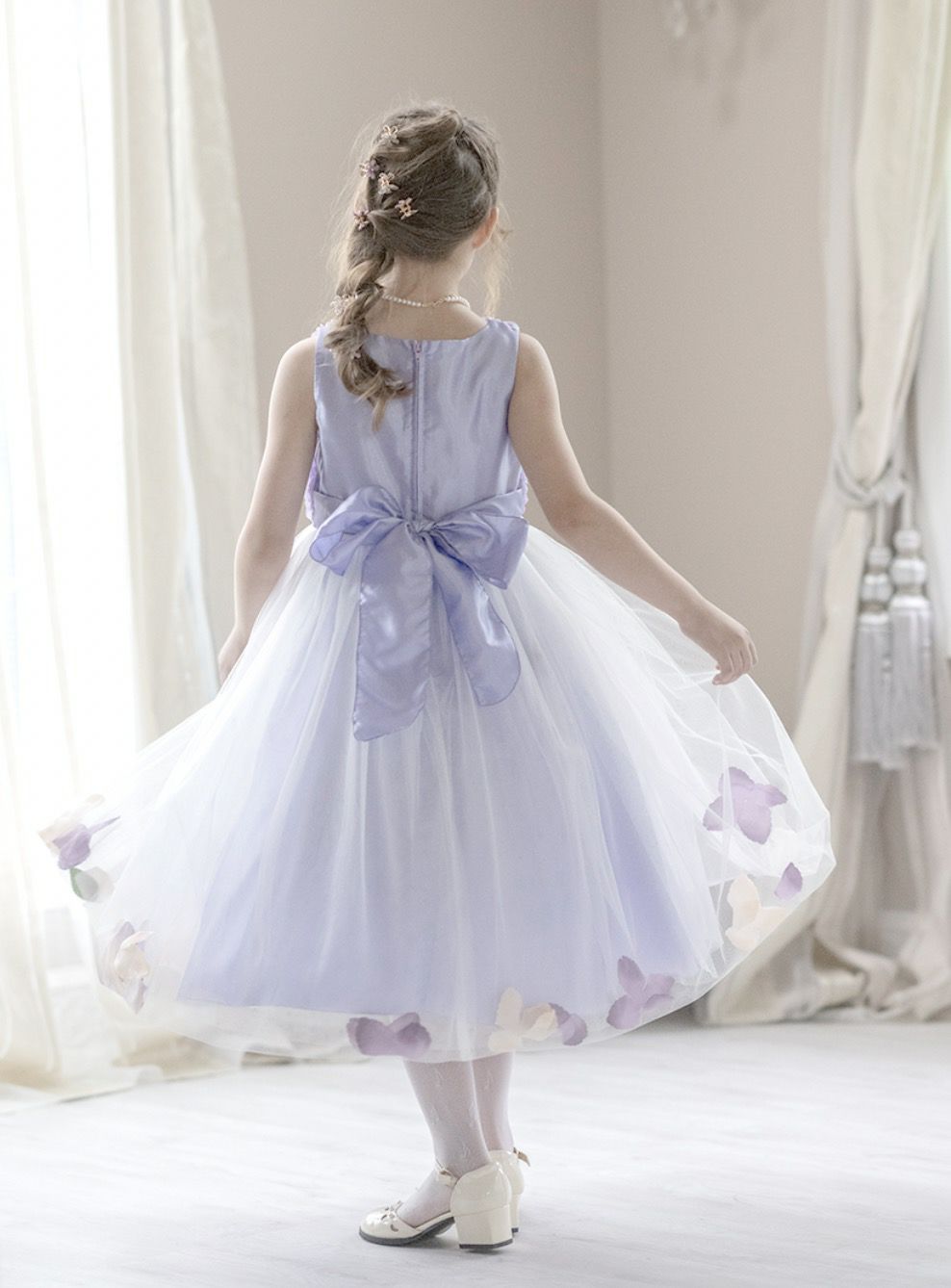 キッズドレス結婚式発表会女の子バラチュールの花びら入りスカートドレス[100110120130140150160cmピンクライラック紫白ブルー水色サックス]子供ドレスロングフラワーガールジュニア上品フォーマル