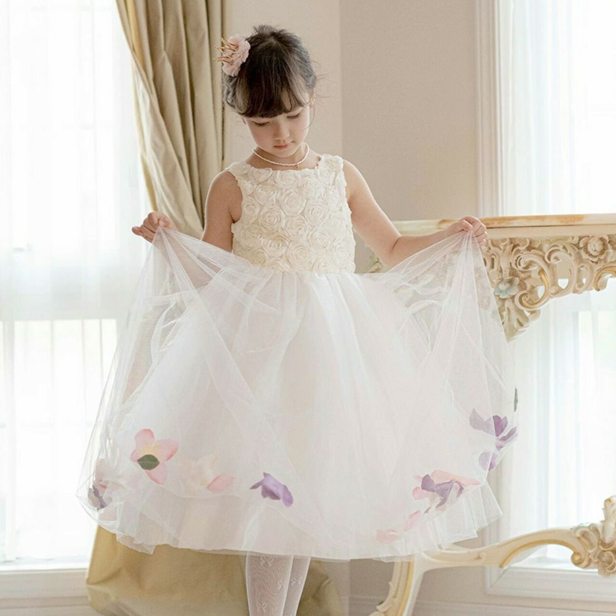 キッズドレス結婚式発表会女の子バラチュールの花びら入りスカートドレス[100110120130140150160cmピンクライラック紫白ブルー水色サックス]子供ドレスロングフラワーガールジュニア上品フォーマル