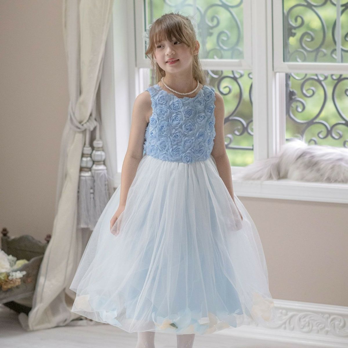 キッズドレス結婚式発表会女の子バラチュールの花びら入りスカートドレス[100110120130140150160cmピンクライラック紫白ブルー水色サックス]子供ドレスロングフラワーガールジュニア上品フォーマル