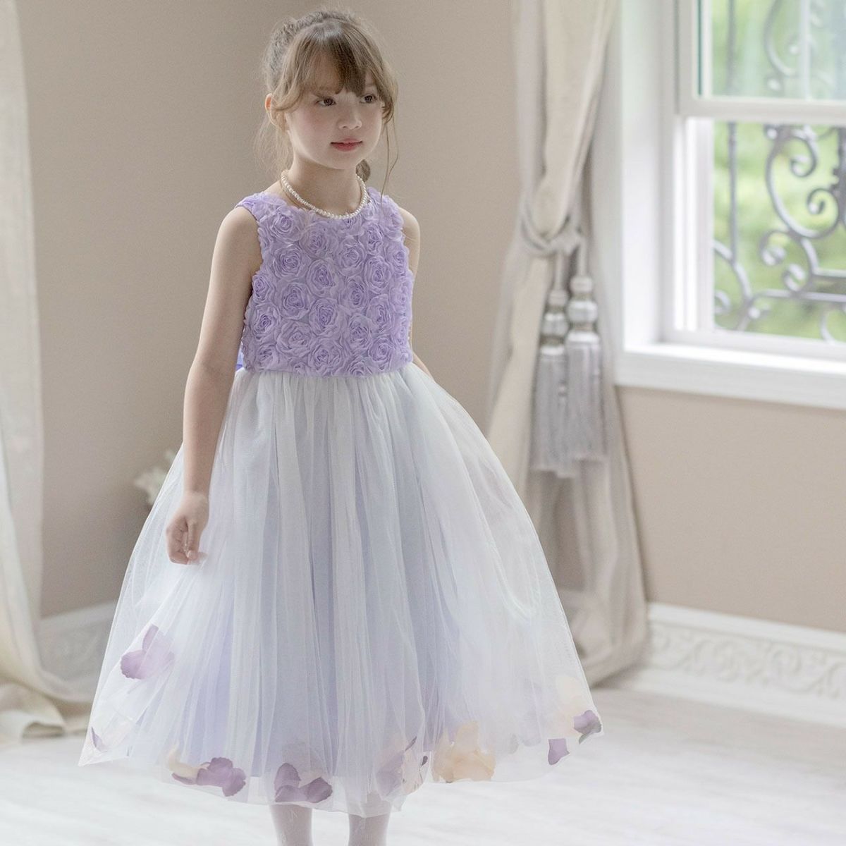 キッズドレス結婚式発表会女の子バラチュールの花びら入りスカートドレス[100110120130140150160cmピンクライラック紫白ブルー水色サックス]子供ドレスロングフラワーガールジュニア上品フォーマル