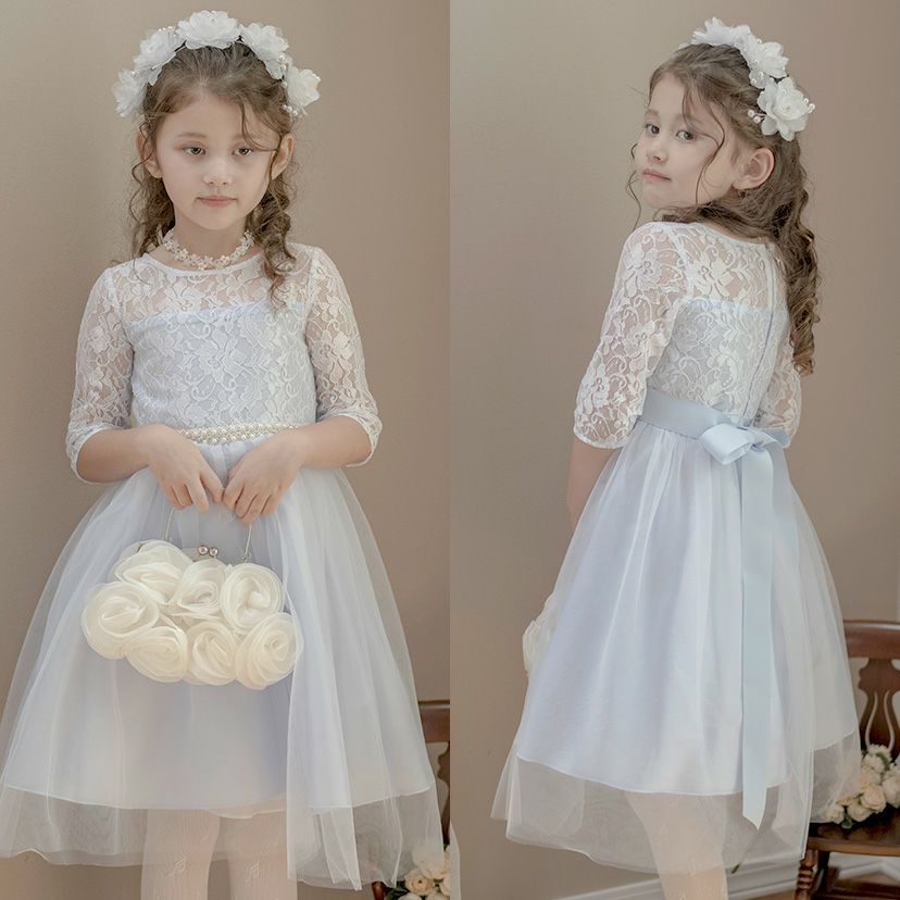 キッズドレス七分袖ウエストビジューのデコルテ透かしレースドレスTAK