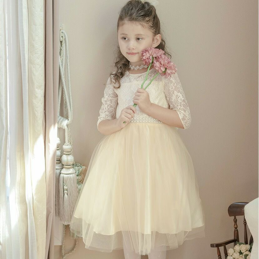 キッズドレス七分袖ウエストビジューのデコルテ透かしレースドレスTAK