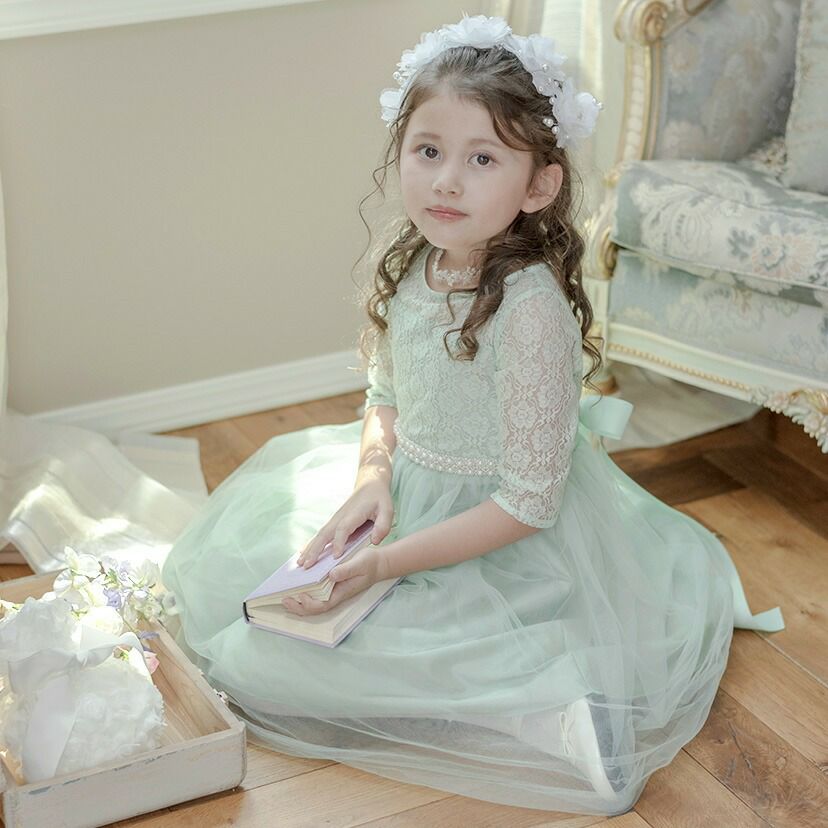 キッズドレス七分袖ウエストビジューのデコルテ透かしレースドレスTAK