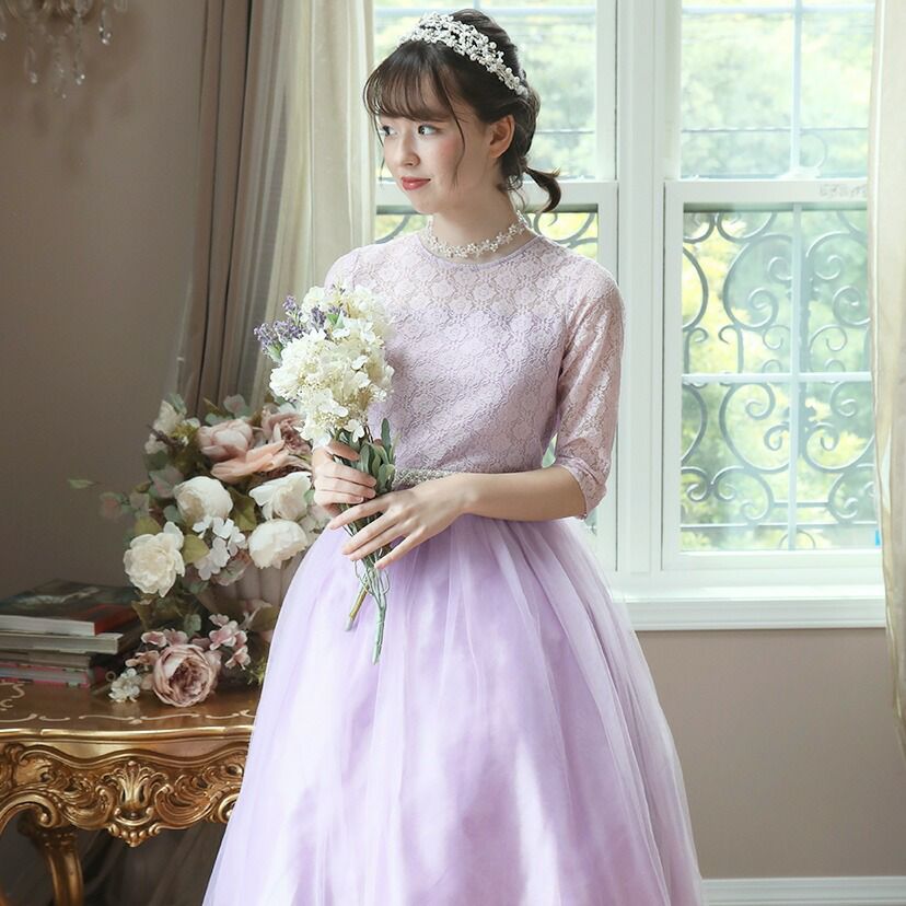 キッズドレス七分袖ウエストビジューのデコルテ透かしレースドレスTAK