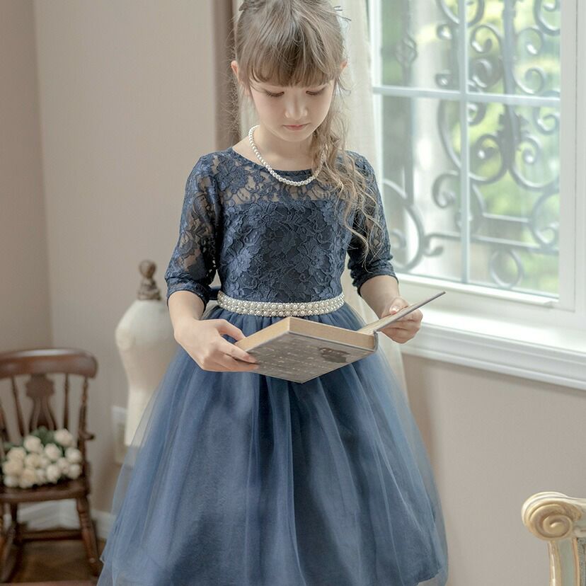 キッズドレス七分袖ウエストビジューのデコルテ透かしレースドレスTAK