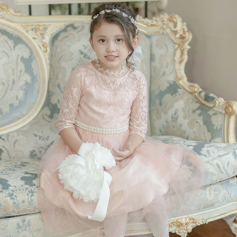 キッズドレス七分袖ウエストビジューのデコルテ透かしレースドレスTAK