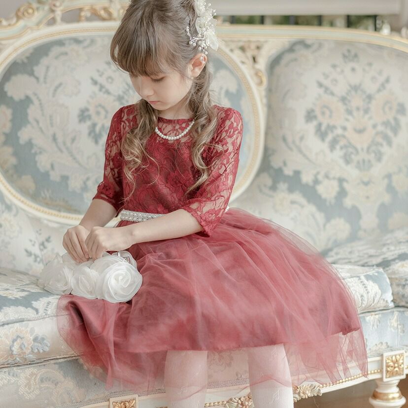 キッズドレス七分袖ウエストビジューのデコルテ透かしレースドレスTAK