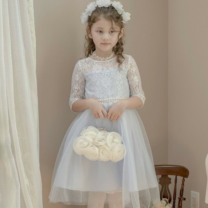 キッズドレス七分袖ウエストビジューのデコルテ透かしレースドレスTAK