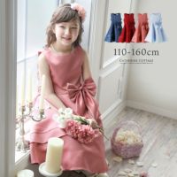 発表会ドレスビッグリボンサテンドレス[110120130140150160cmネイビー紺ローズ水色サックス]女の子結婚式七五三コンクール衣装