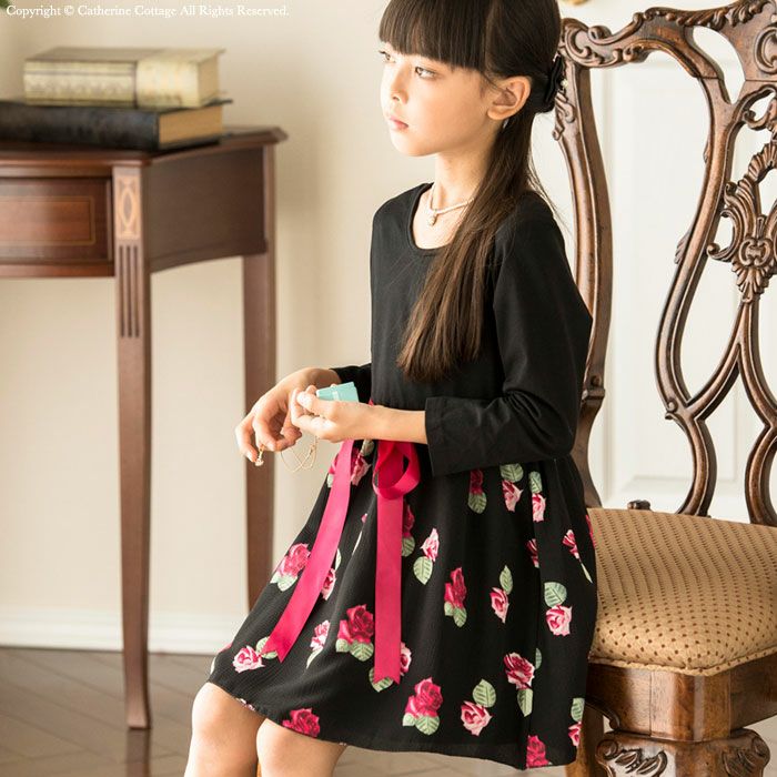 女の子 バラ切り替えワンピース 花 バラ可愛い ワンピ 長袖 チェック 綿混 Tak フォーマル きちんとワンピース キャサリンコテージ