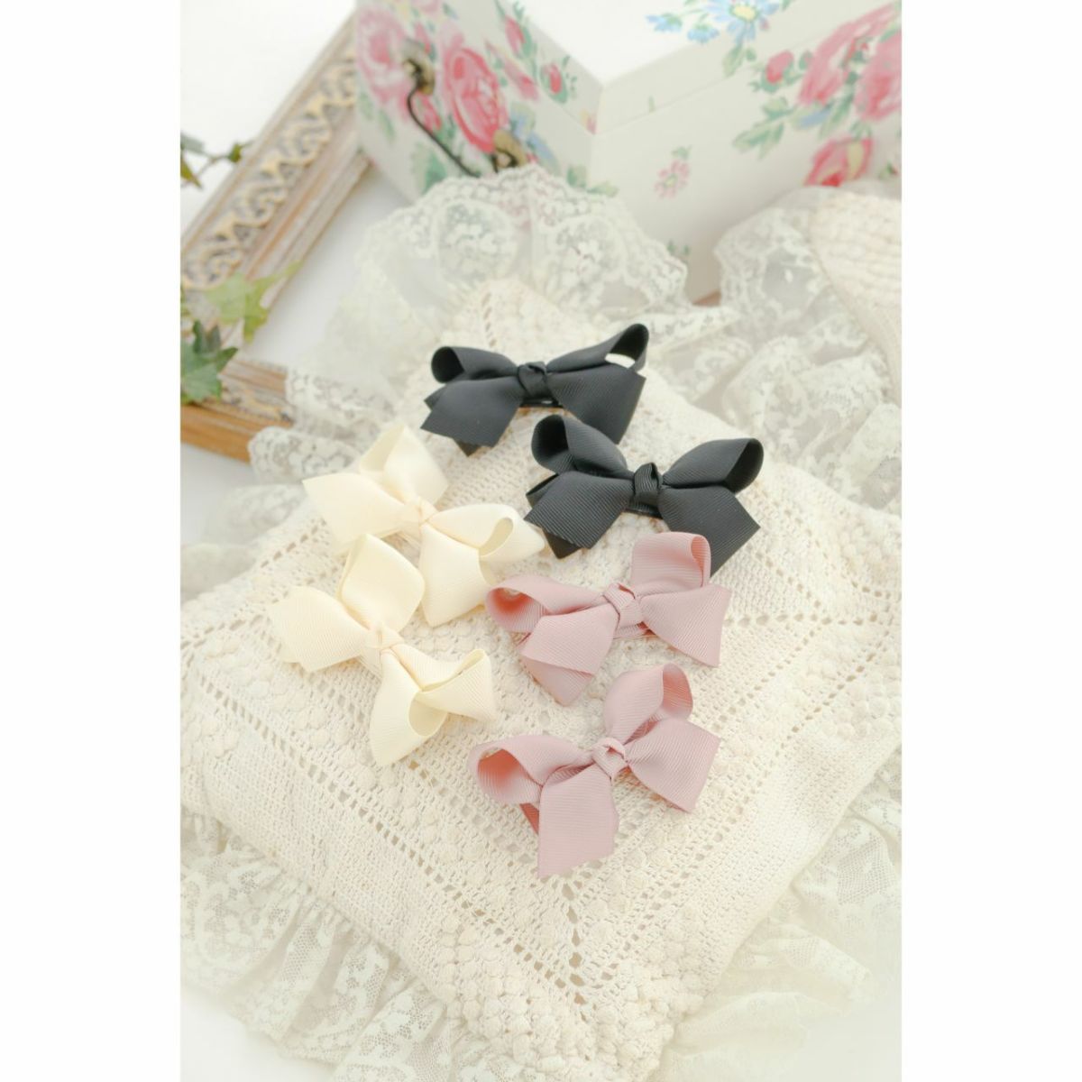 リボンクリップ3色6個セットアクセサリーヘアアクセサリーグログランリボンヘアクリップベビーキッズ