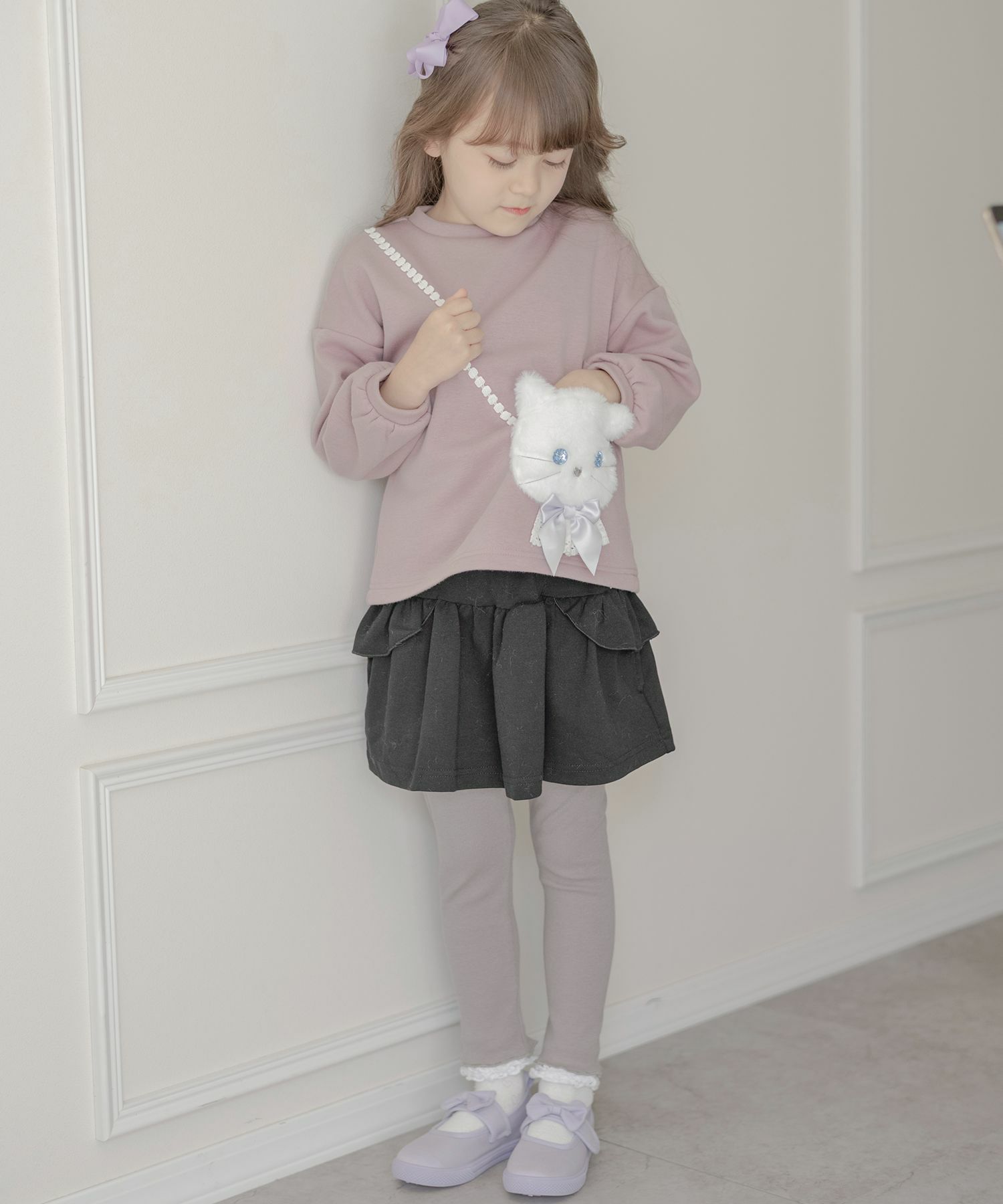 女の子カジュアル白猫ポシェット長袖トップス裏起毛トレーナーTAK