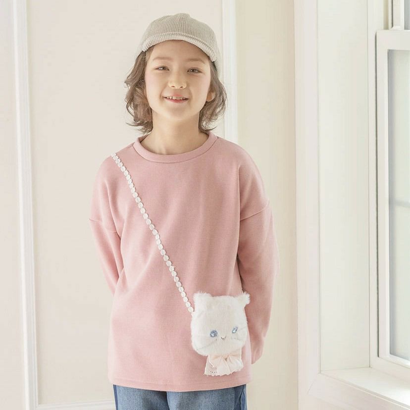 女の子カジュアル白猫ポシェット長袖トップス裏起毛トレーナーTAK