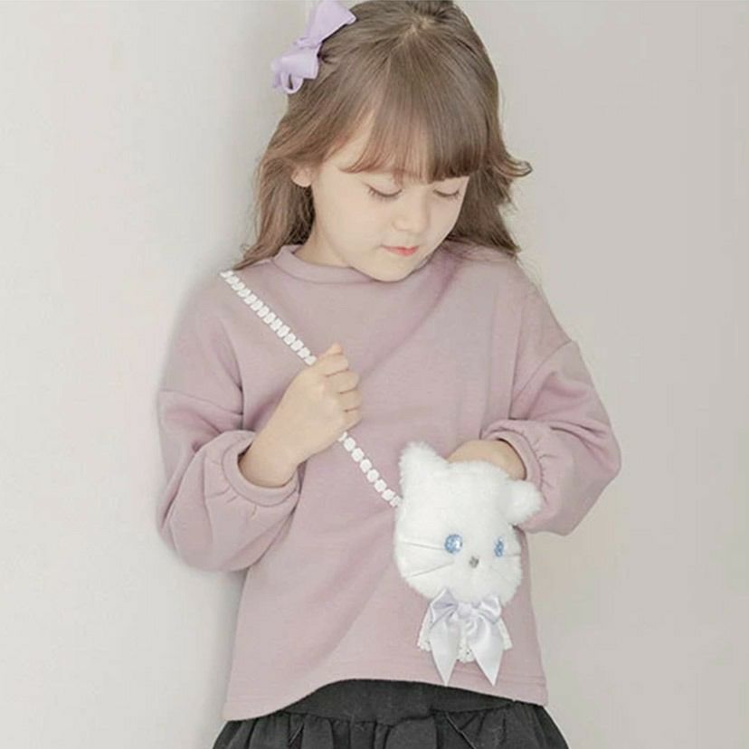 女の子カジュアル白猫ポシェット長袖トップス裏起毛トレーナーTAK