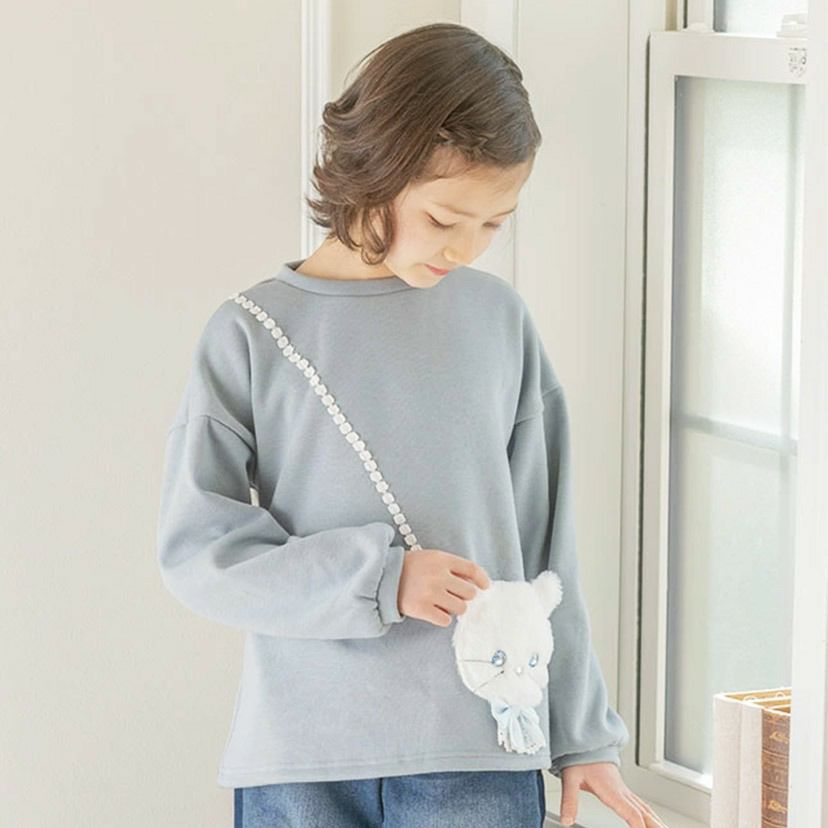 女の子カジュアル白猫ポシェット長袖トップス裏起毛トレーナーTAK