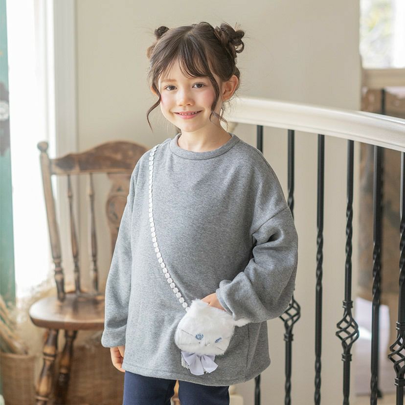 女の子カジュアル白猫ポシェット長袖トップス裏起毛トレーナーTAK