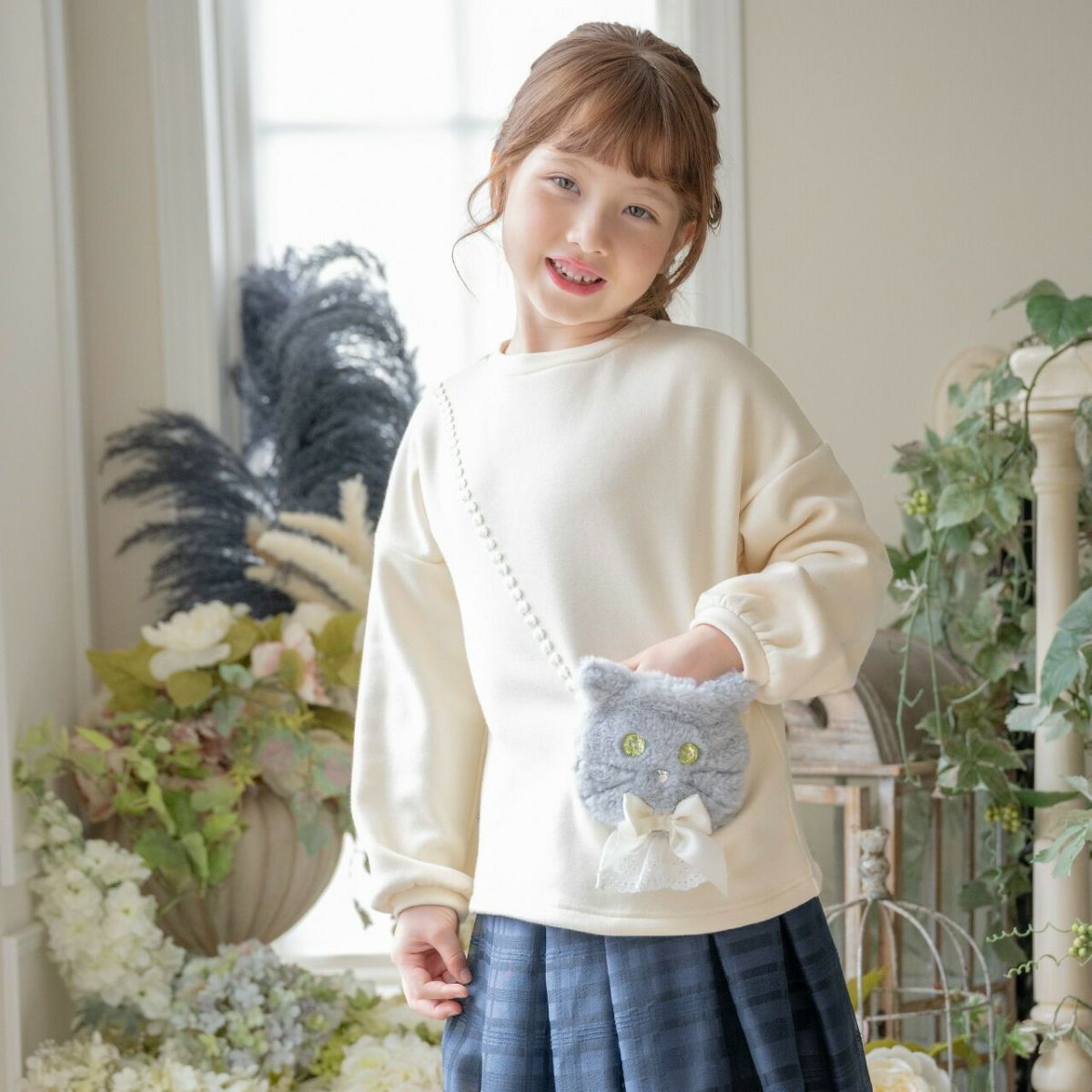 女の子カジュアル白猫ポシェット長袖トップス裏起毛トレーナーTAK
