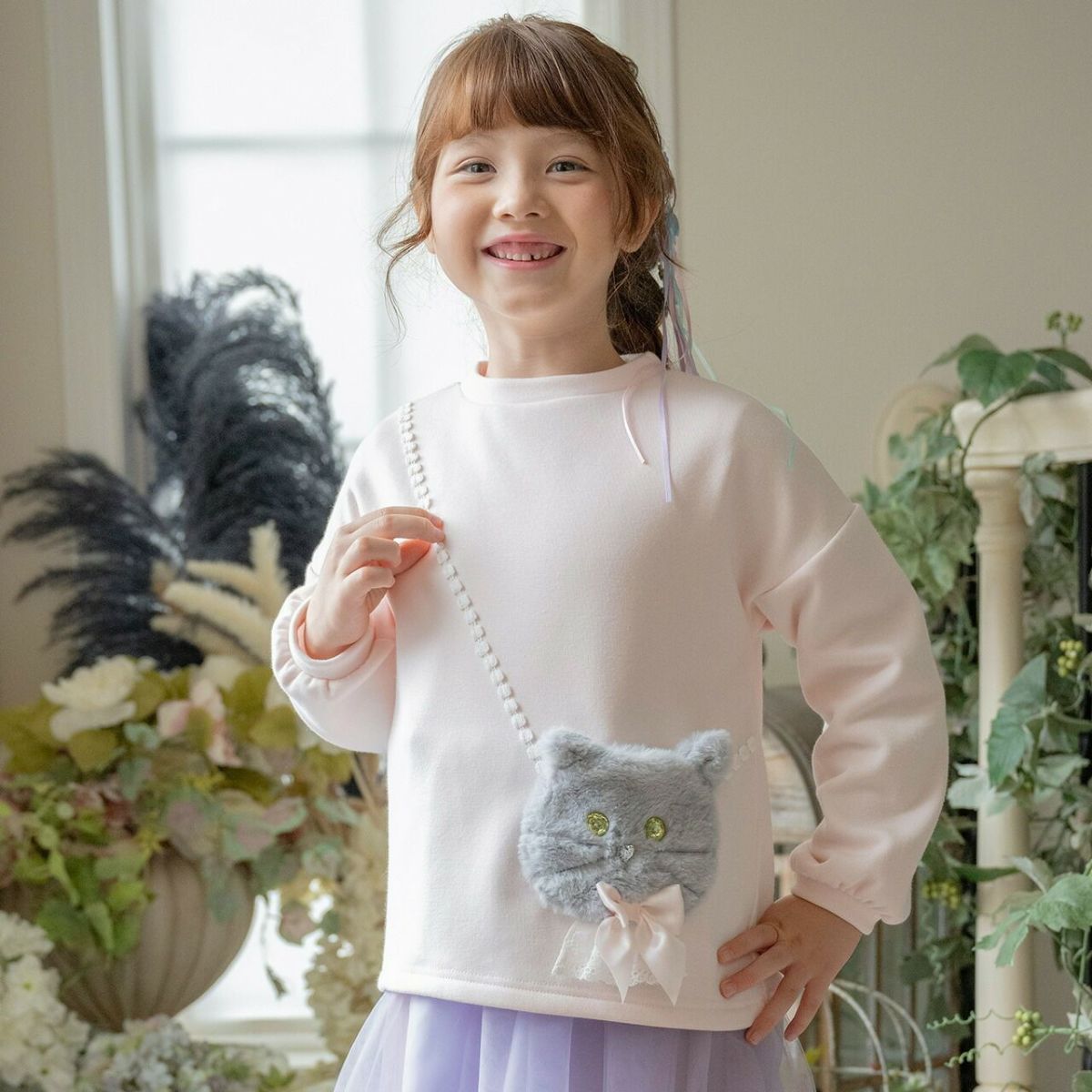 女の子カジュアル白猫ポシェット長袖トップス裏起毛トレーナーTAK