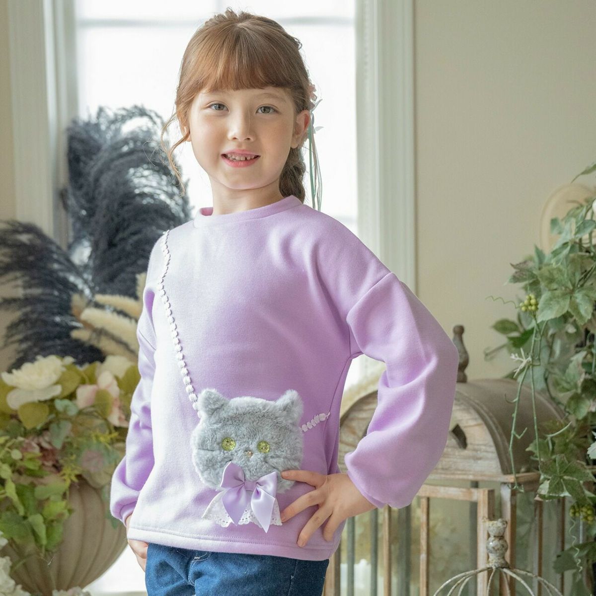 女の子カジュアル白猫ポシェット長袖トップス裏起毛トレーナーTAK