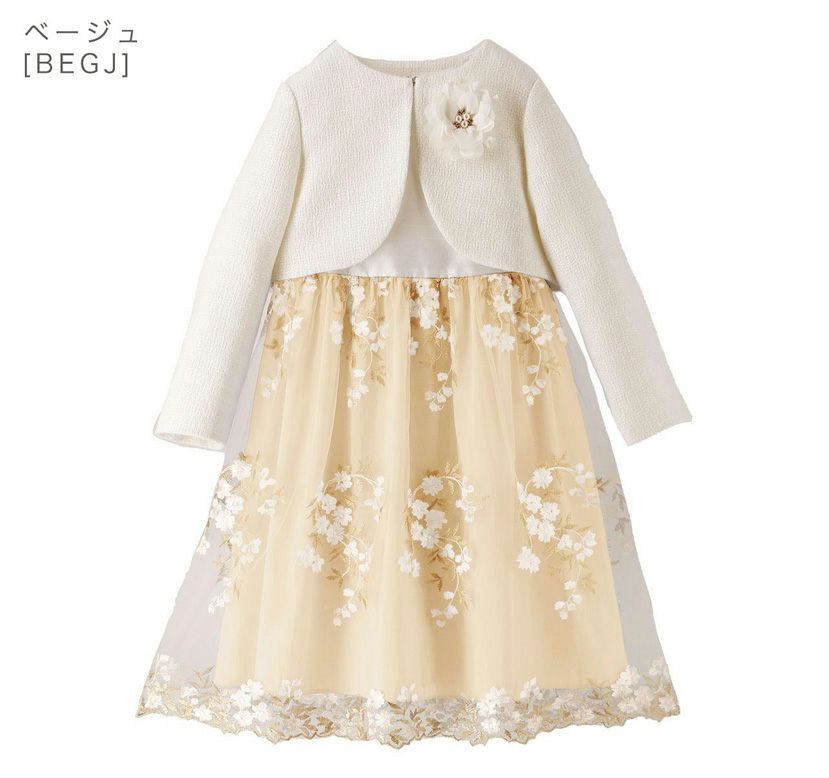 女の子入学式スーツ白ツイードボレロ＆花刺繍チュールレースワンピースセットアップフォーマル女子スーツ