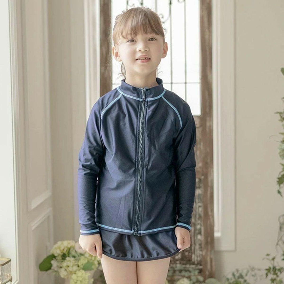 長袖ラッシュガードスクール水着　ファスナー・紺×青[BLU]