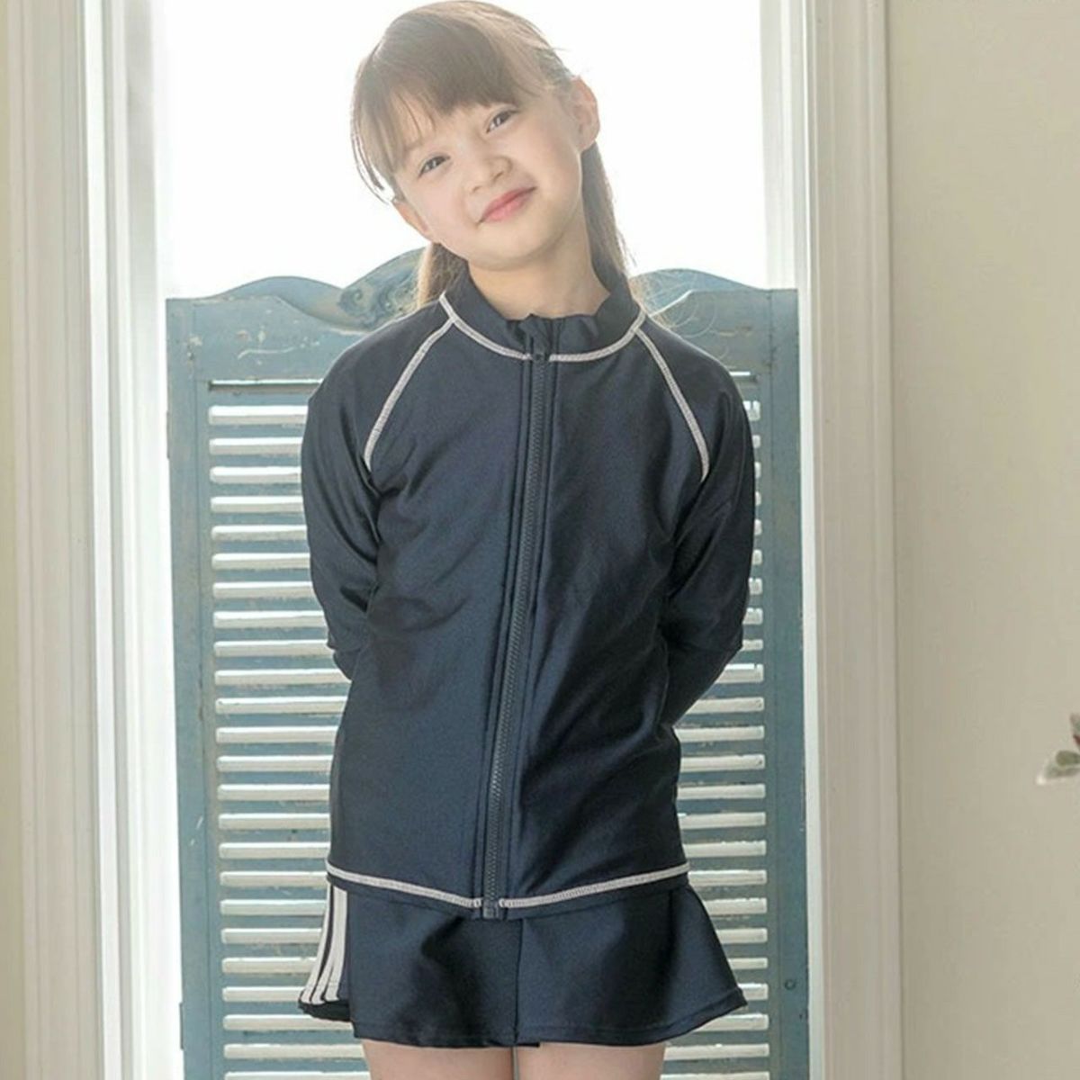 長袖ラッシュガードスクール水着　ファスナー　ファスナー・紺×白[NVY]