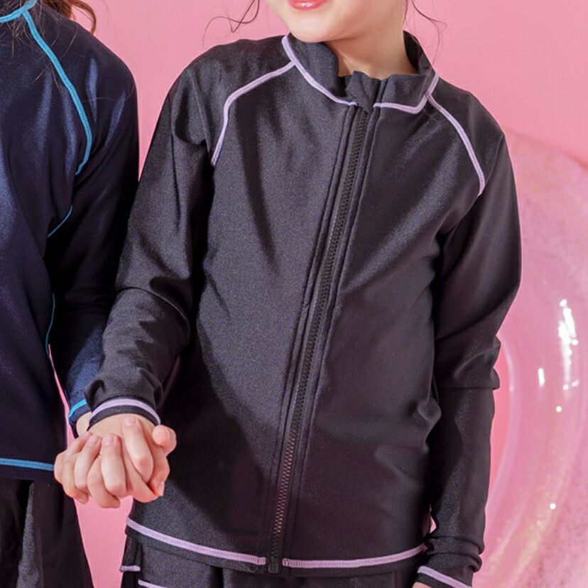 長袖ラッシュガードスクール水着　ファスナー・黒×紫[LILJJ]