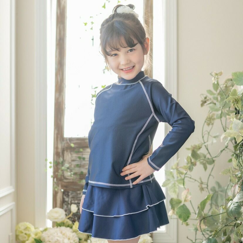 長袖ラッシュガードスクール水着　かぶり・紺×白[NVY2JJ]