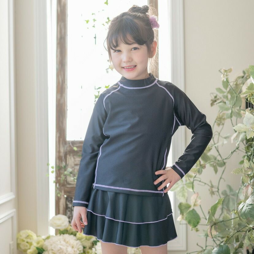 長袖ラッシュガードスクール水着　かぶり・黒×紫[LIL2JJ]